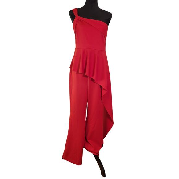 NEW YORK & COMPANY Red Asymmetric Jumpsuit, Size Medium - Picture 4 of 16